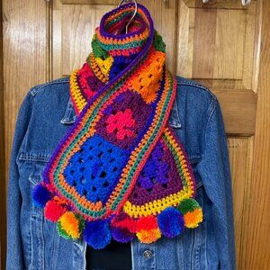 Rainbow Pom Scarf Hand Knit / Crochet Granny Style NEW